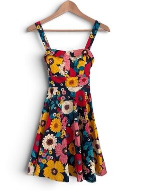 Naty BK Retro Floral Fit & Flare Mini Dress 70s Mod Multi-Color Small